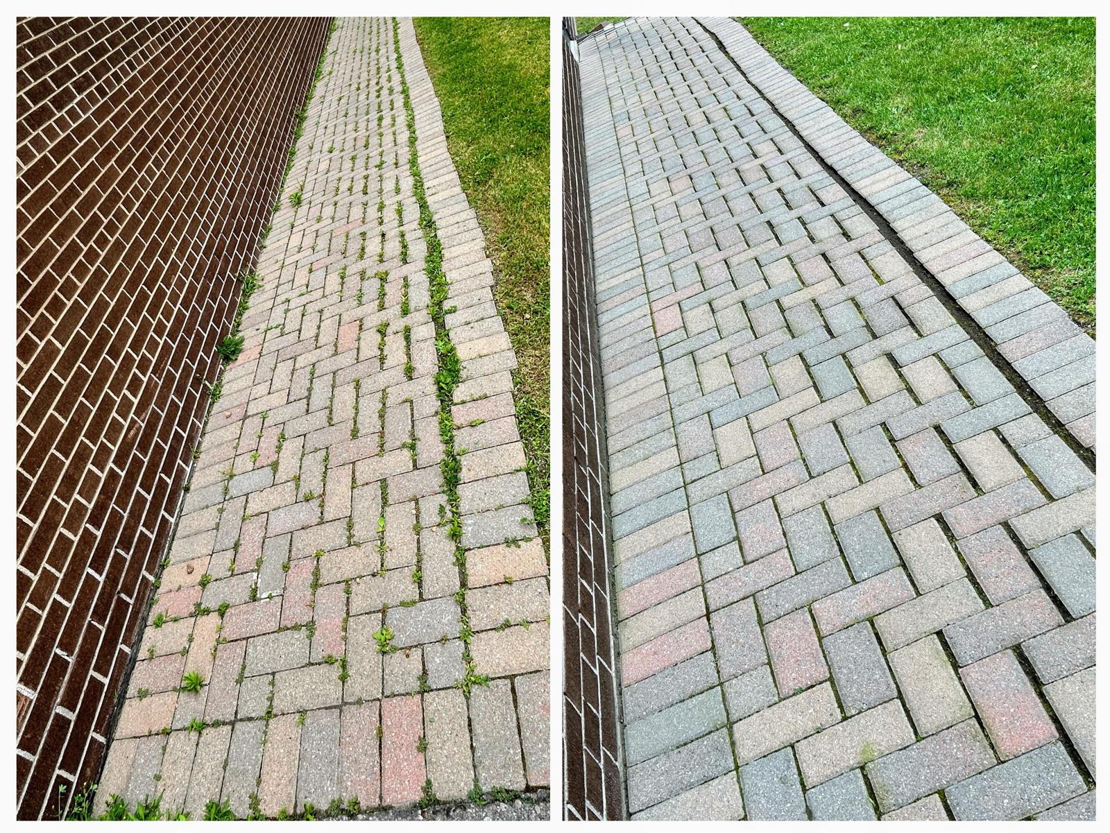 Before: weathered interlock driveway with weeds and dull pavers in Mississauga